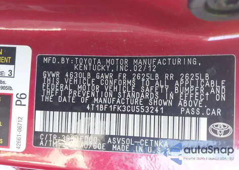 2012 Toyota Camry L/Le/Se/Xle/Se Sport Limited Edition from USA, damaged, VIN 4T1BF1FK3CU553241